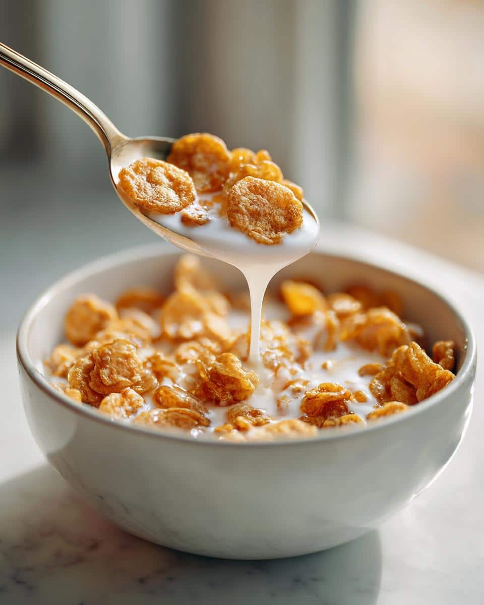 A spoonful of mini pancake cereal being lifted from a bowl, with milk dripping.