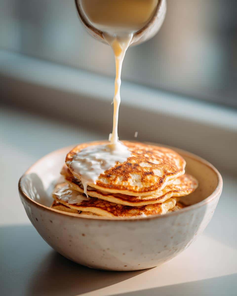 A stack of mini pancakes in a bowl being drizzled with a creamy topping, showcasing Mini Pancake Cereal.