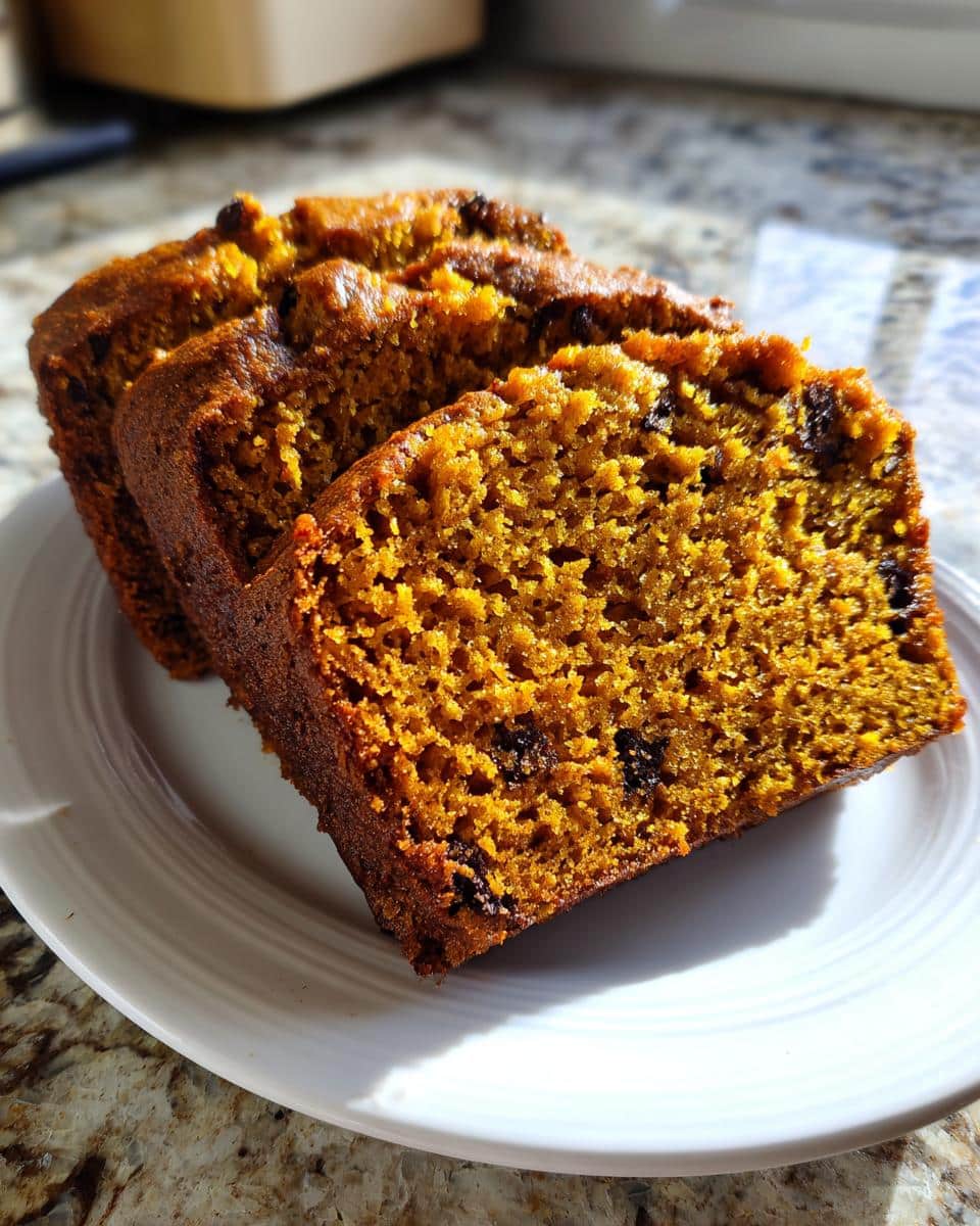 Three moist slices of pumpkin bread recipe, studded with dark chocolate chips, on a white plate.