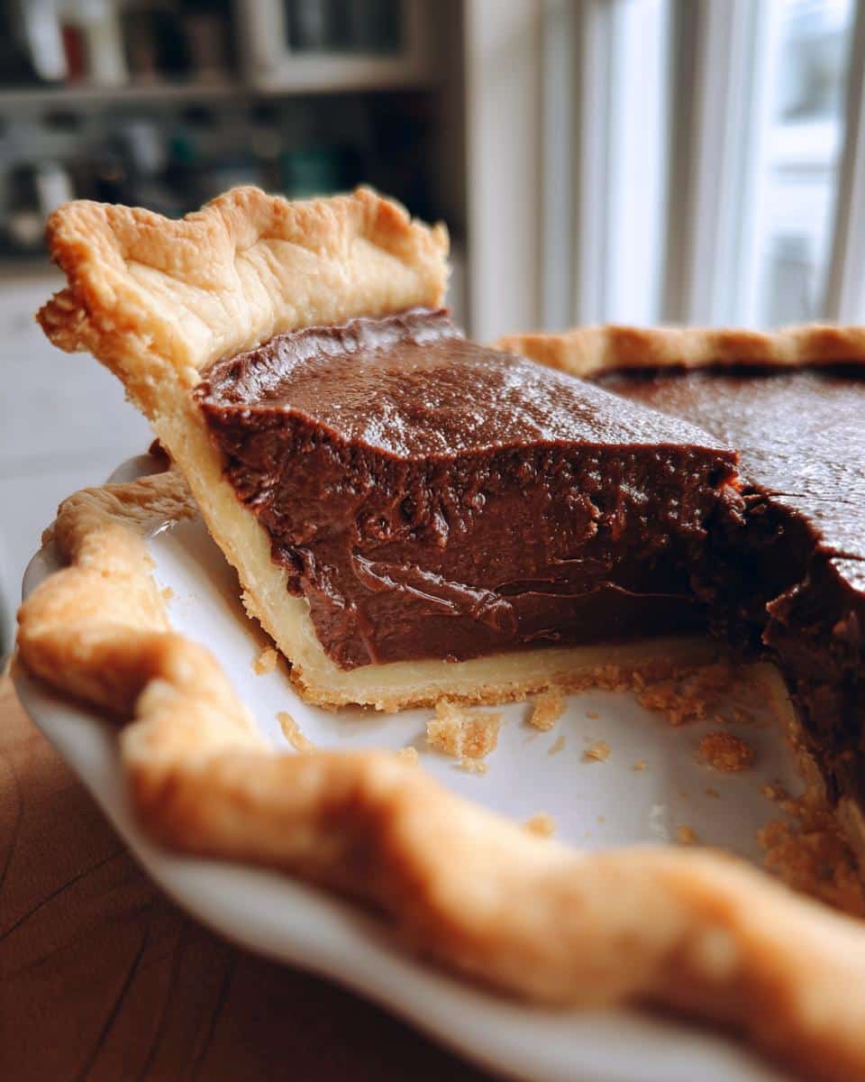 A slice of rich, old fashioned chocolate pie with a flaky crust, ready to be enjoyed.