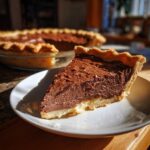 A delicious slice of old fashioned chocolate pie with a flaky crust and rich chocolate filling on a white plate.