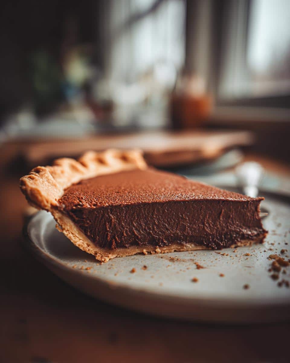A rich slice of old fashioned chocolate pie with a flaky crust on a plate.