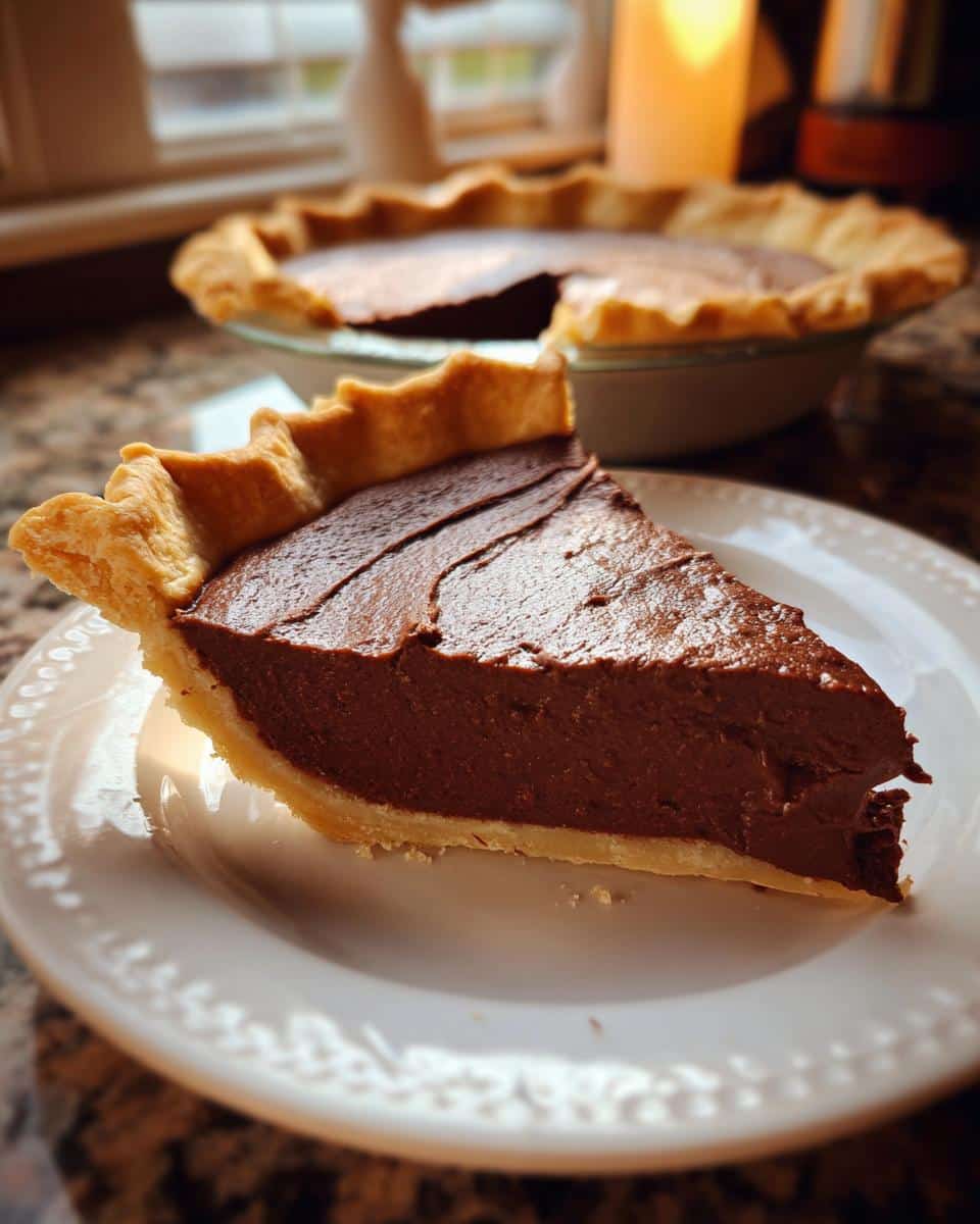 A slice of rich, old fashioned chocolate pie on a white plate, with the rest of the pie in the background.