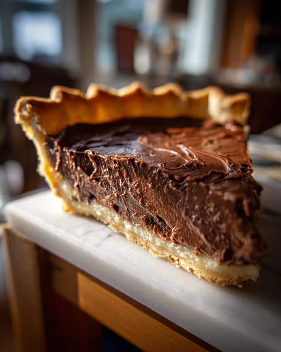 A rich slice of old fashioned chocolate pie with a flaky crust and creamy chocolate filling.
