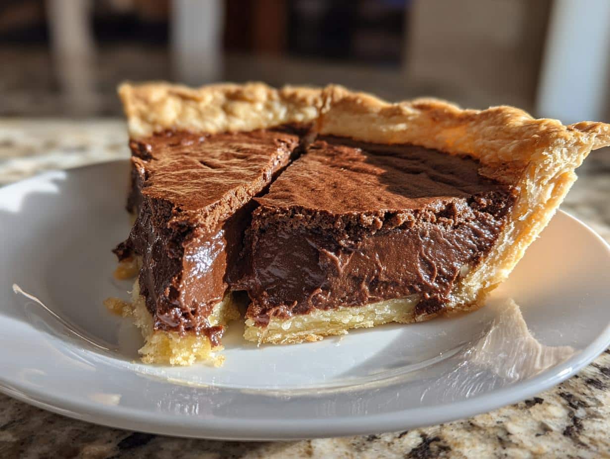 Two slices of rich, old fashioned chocolate pie with a flaky crust on a white plate.