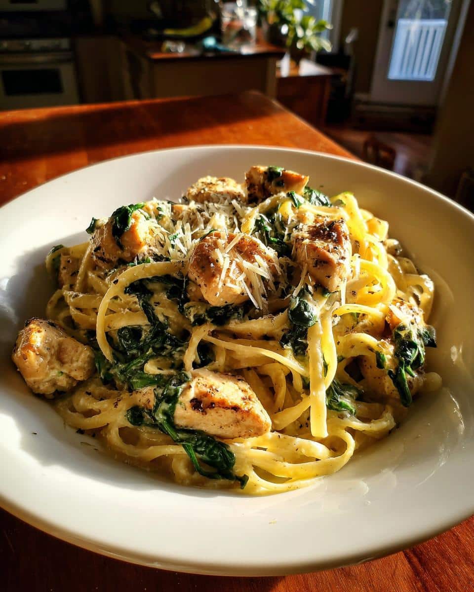 A close-up of one pan garlic parmesan chicken pasta with fettuccine, spinach, and diced chicken.