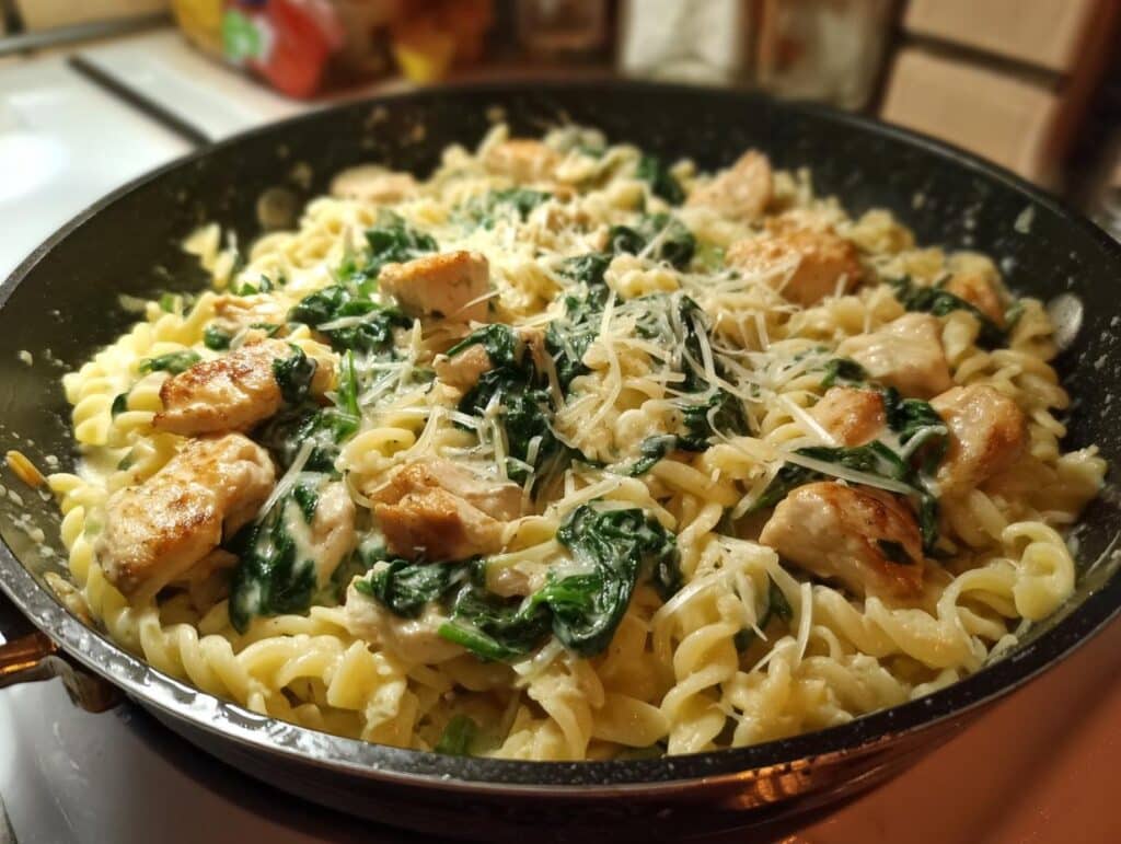 Close-up of one pan garlic parmesan chicken pasta with spinach and grated cheese.