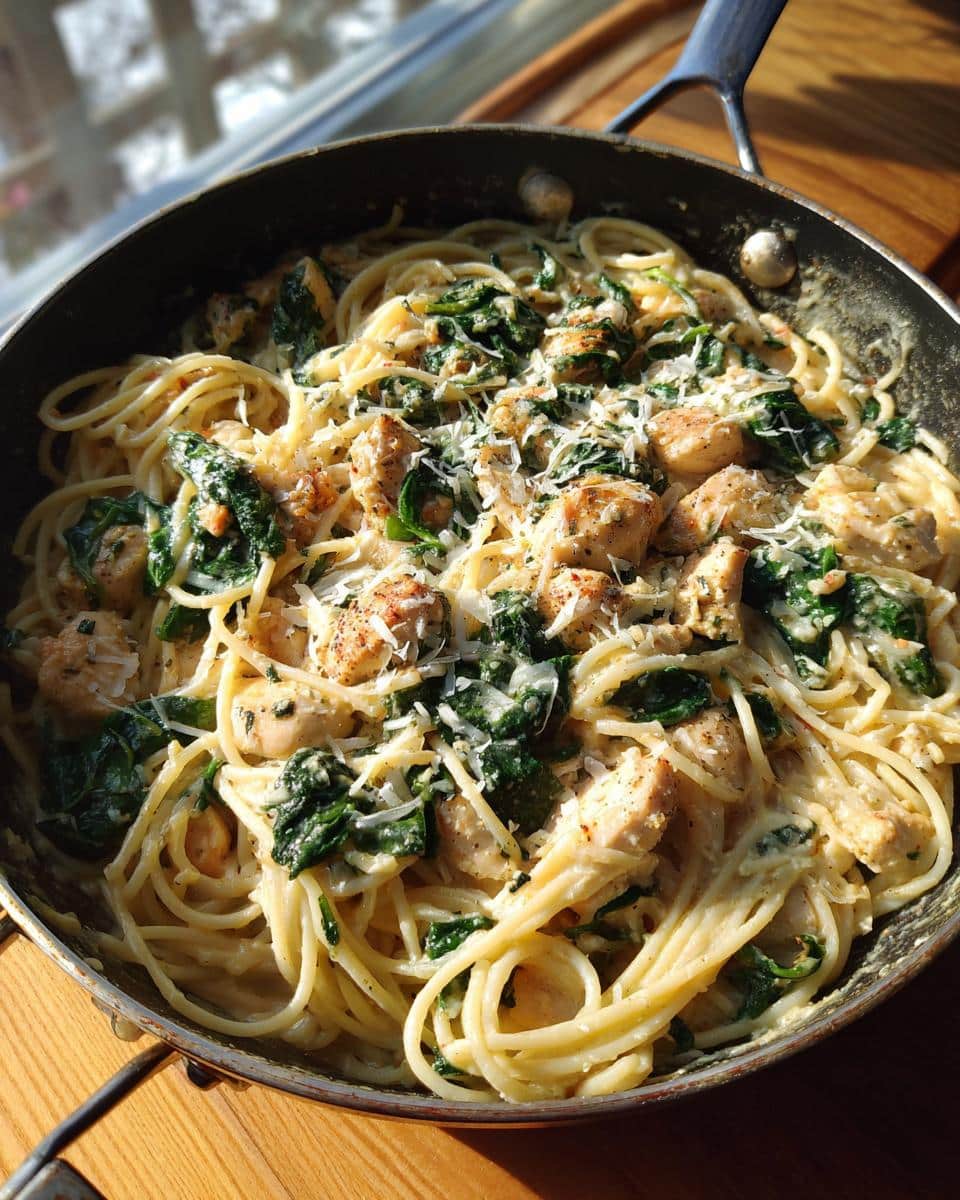 A close-up of one pan garlic parmesan chicken pasta with spinach and grated cheese.