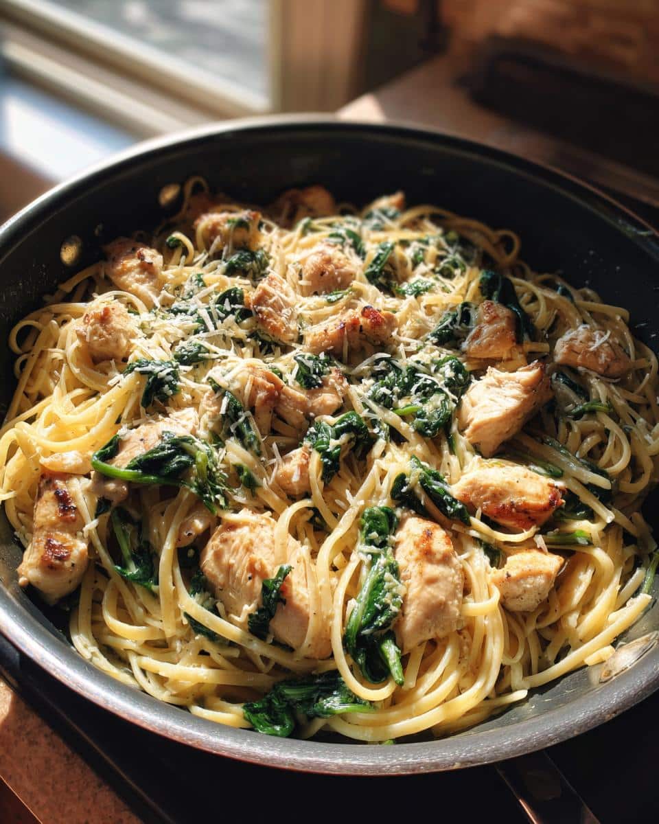 Close-up of one pan garlic parmesan chicken pasta with spinach and grated cheese in a skillet.