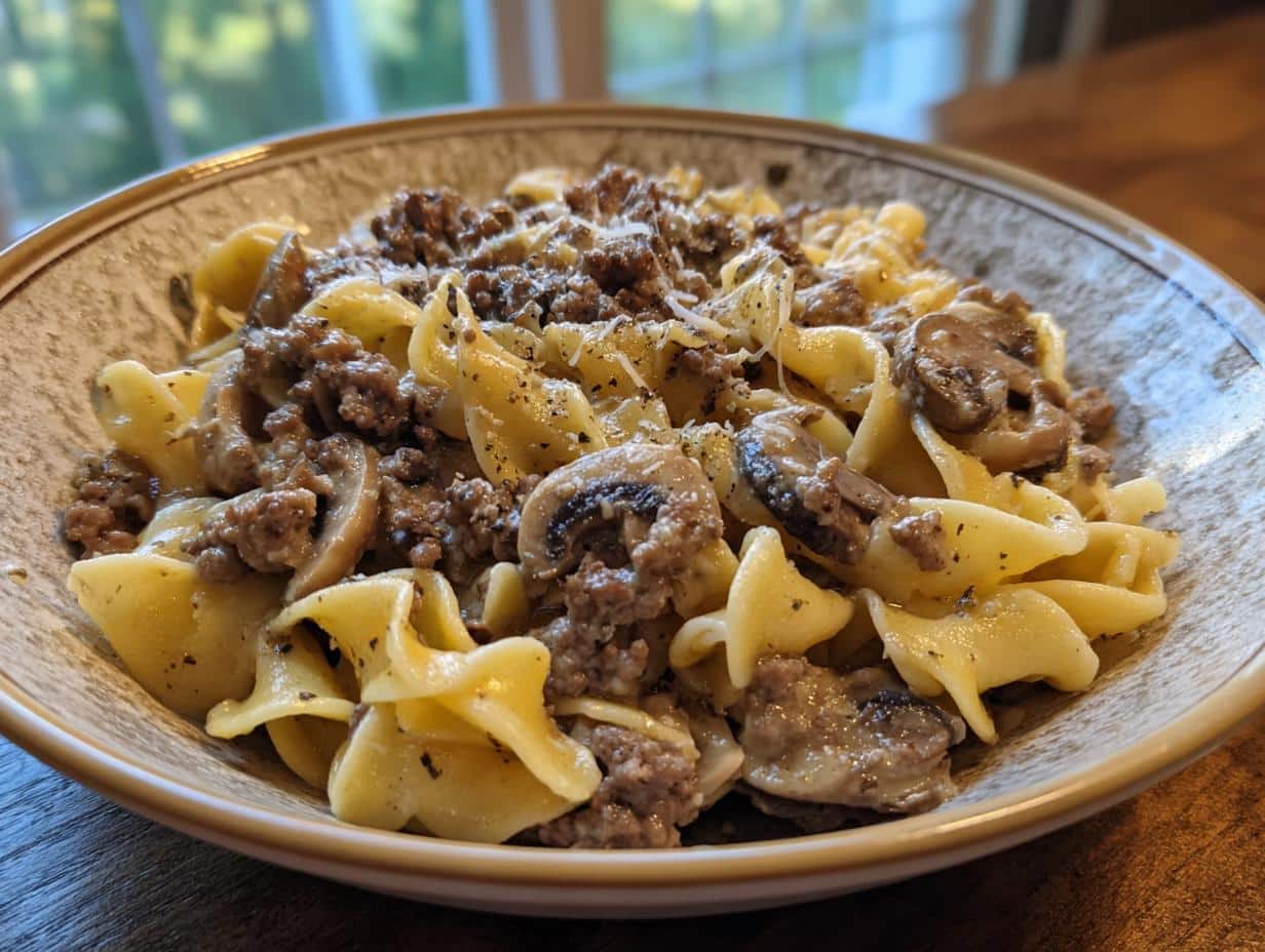 A hearty bowl of one pot hamburger stroganoff with egg noodles, mushrooms, and ground beef, topped with grated cheese.