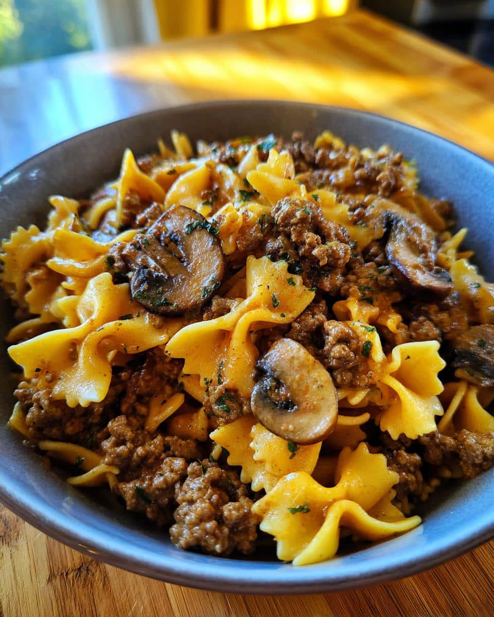 A close-up of a bowl filled with one pot hamburger stroganoff, featuring farfalle pasta, ground beef, and sliced mushrooms.