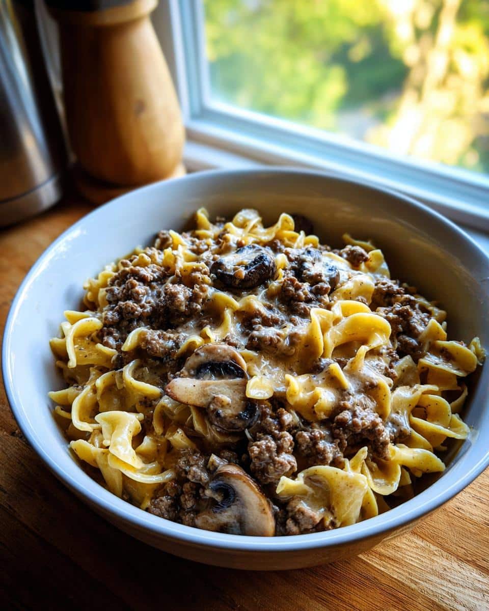 A bowl of delicious one pot hamburger stroganoff with wide egg noodles, ground beef, and mushrooms in a creamy sauce.