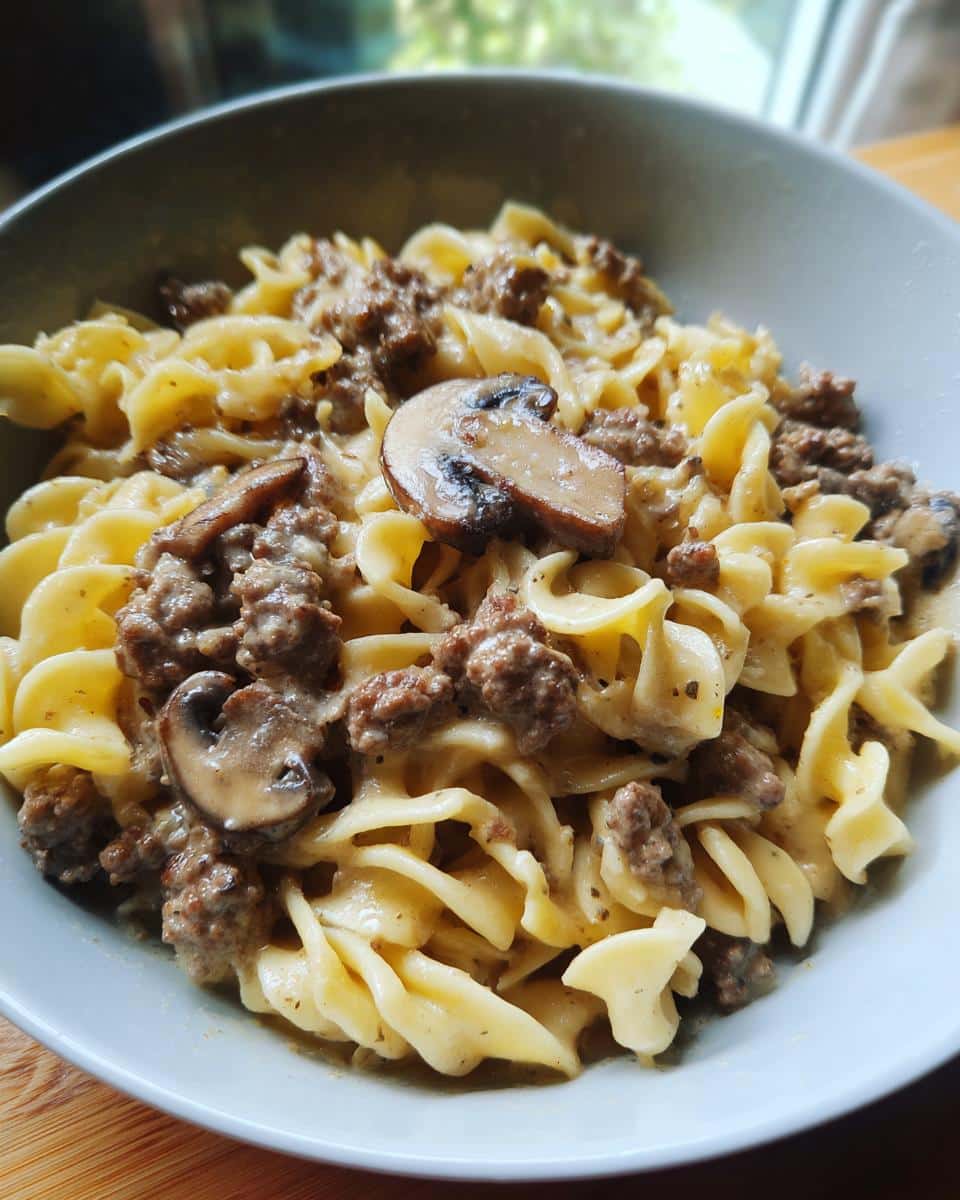 A close-up of a bowl filled with one pot hamburger stroganoff, featuring egg noodles, seasoned ground beef, and sliced mushrooms in a creamy sauce.
