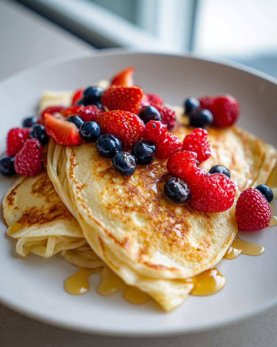 A stack of golden Pancake Spaghetti topped with fresh strawberries, blueberries, and raspberries, drizzled with syrup.