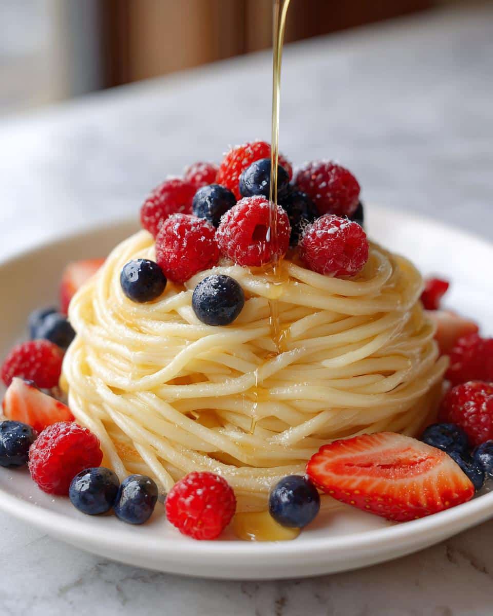 A stack of Pancake Spaghetti topped with fresh raspberries and blueberries, with honey drizzled over the top.