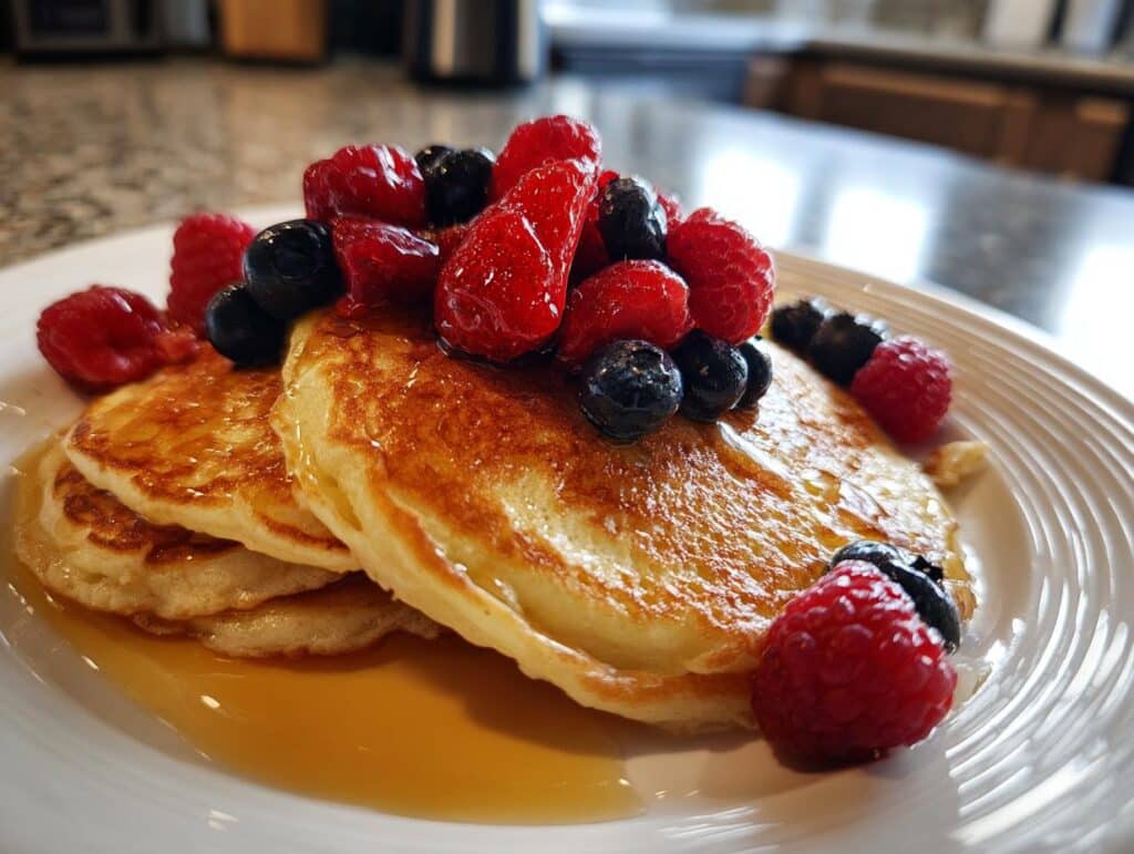 A stack of fluffy pancakes topped with fresh raspberries, blueberries, and drizzled with syrup. This is the Pancake Spaghetti treat.