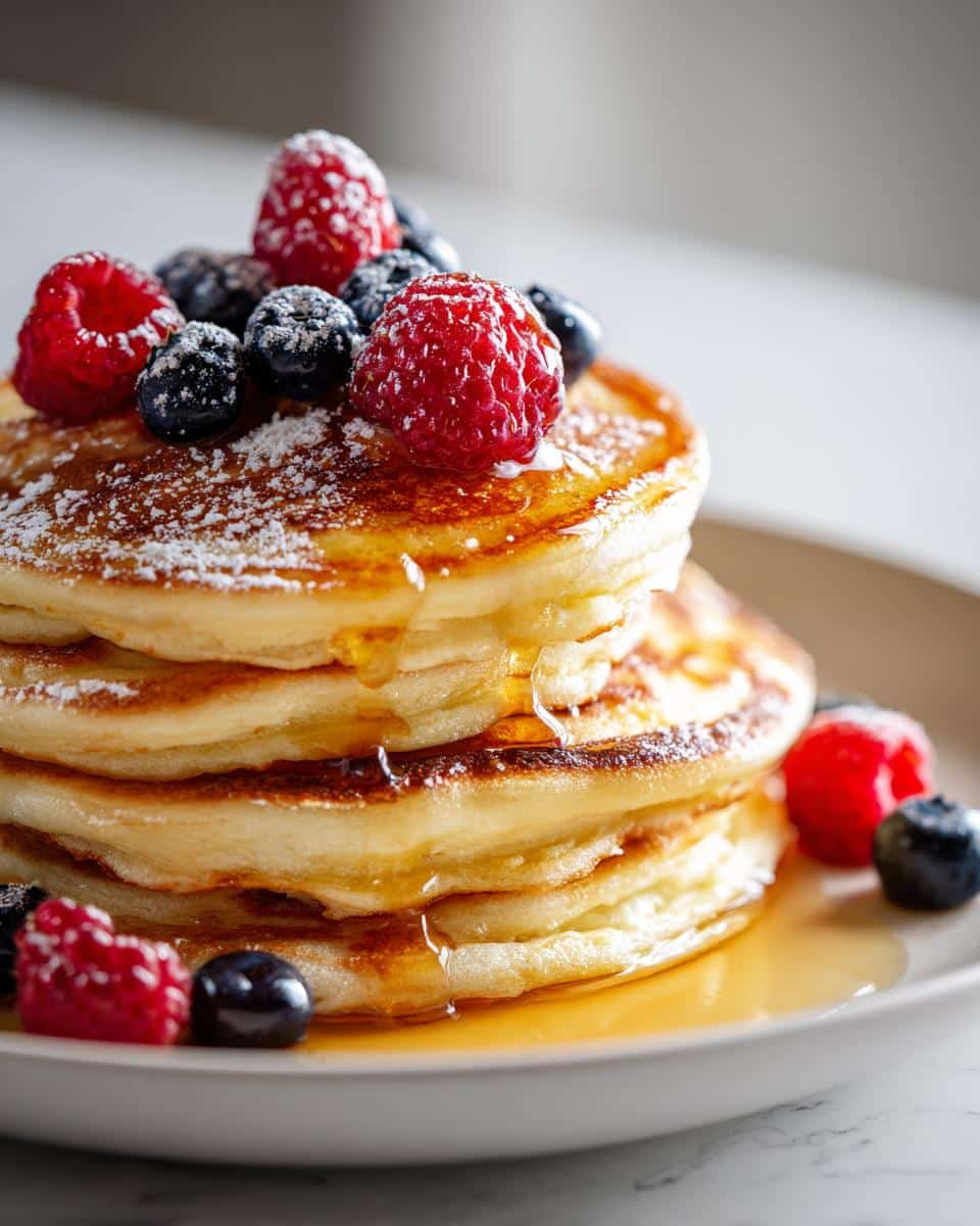 A tall stack of fluffy pancakes topped with fresh raspberries, blueberries, and a drizzle of syrup.