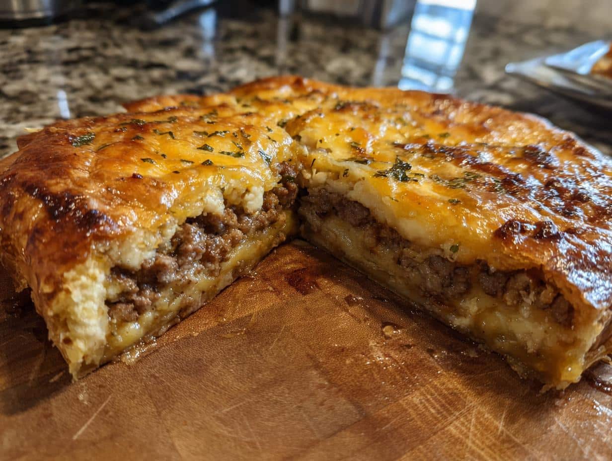 A slice of golden-brown Pizza Pot Pie cut open, revealing a hearty ground meat filling and cheesy layers.