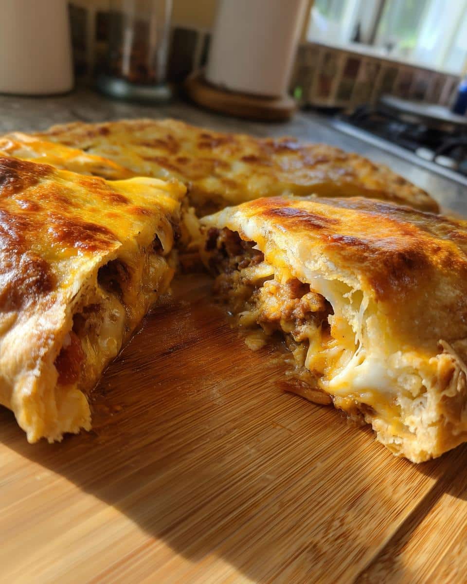 A slice of Pizza Pot Pie cut open, revealing a rich meat filling and melted cheese within a golden crust.