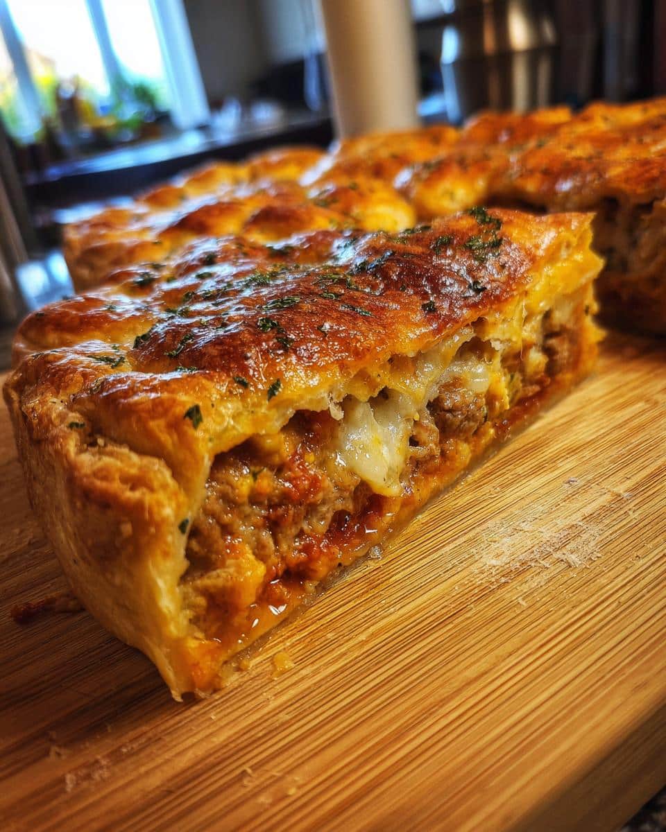 A close-up of a slice of Pizza Pot Pie, showcasing a golden-brown crust filled with savory meat and melted cheese.