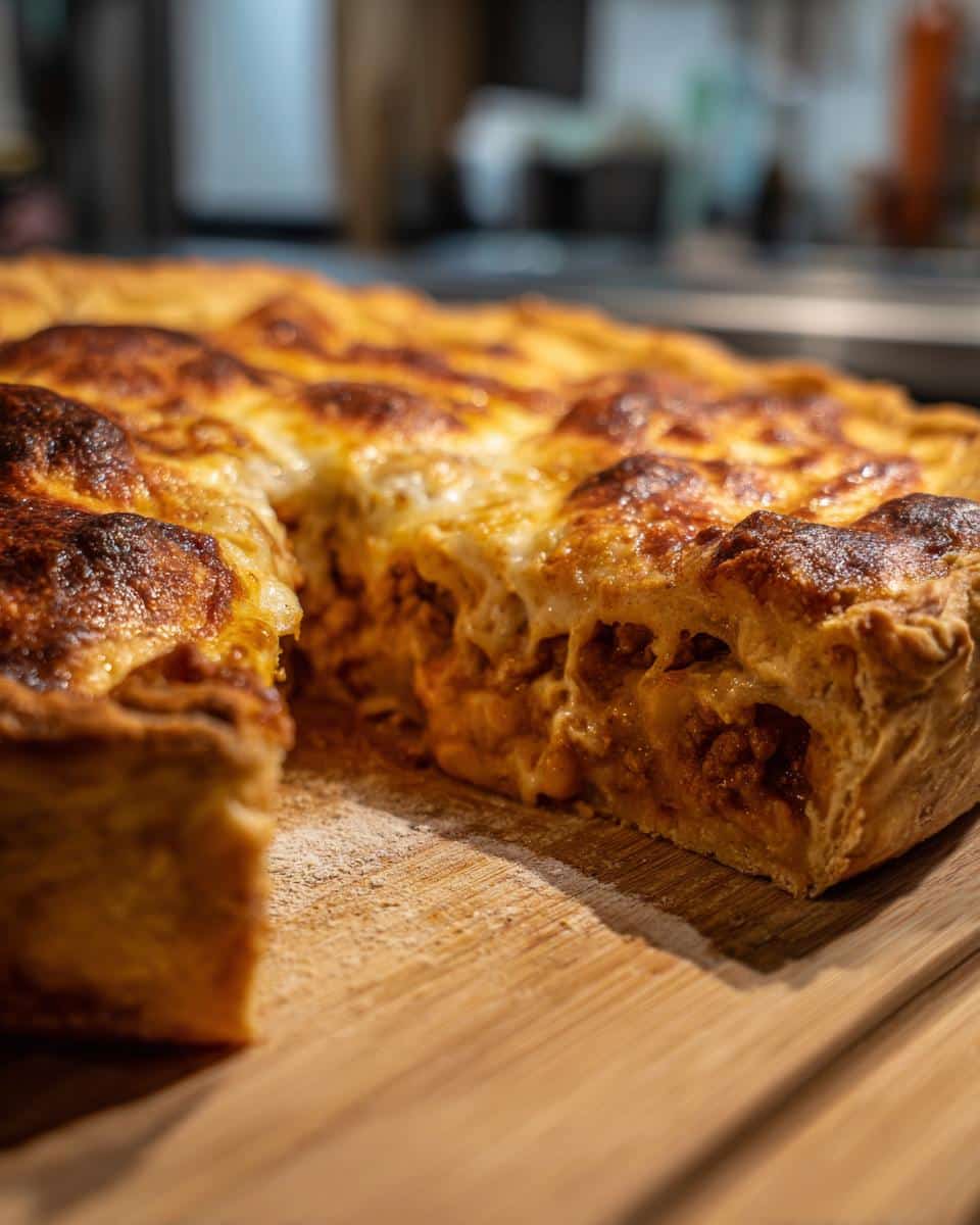 A slice of golden-brown Pizza Pot Pie on a wooden board, showing the savory filling and melted cheese.