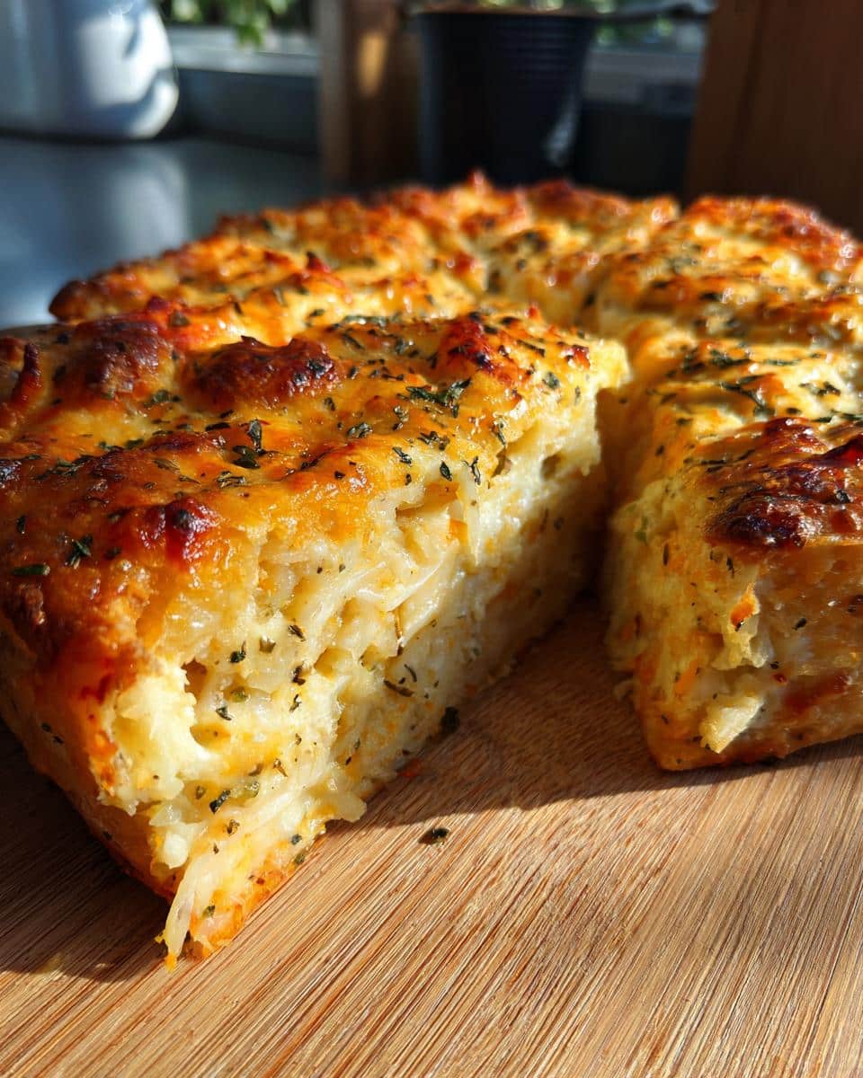 A close-up of a slice of golden-brown Pizza Pot Pie, showing a cheesy filling and herbs on a wooden cutting board.