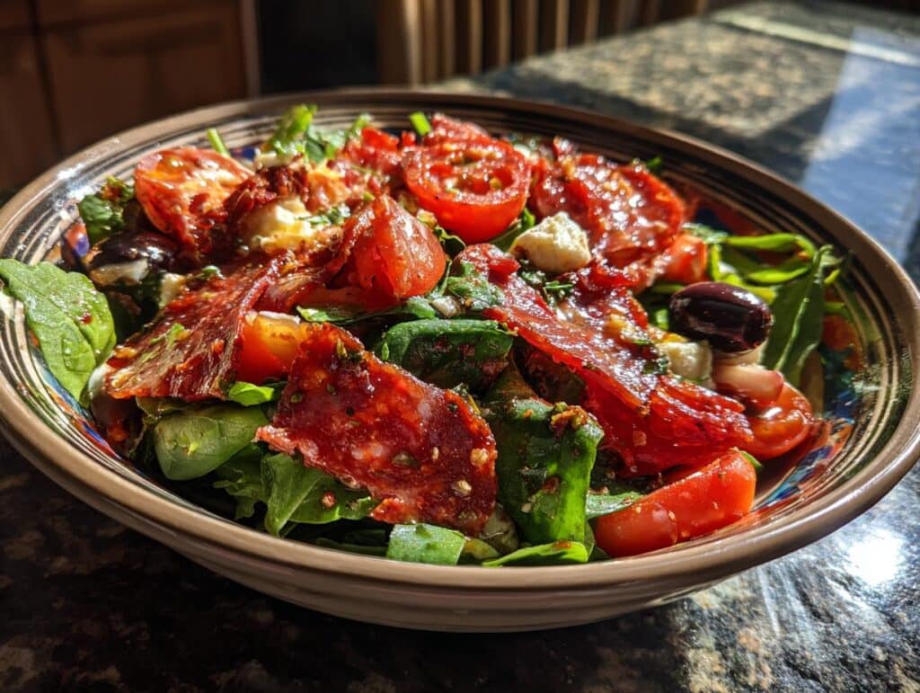 A vibrant bowl of Pizza Salad featuring fresh greens, cherry tomatoes, olives, feta cheese, and slices of salami.
