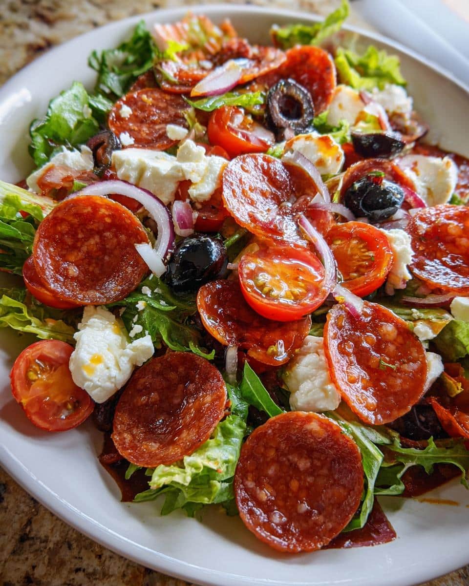 A vibrant Pizza Salad with fresh lettuce, cherry tomatoes, olives, red onion, mozzarella balls, and pepperoni slices.