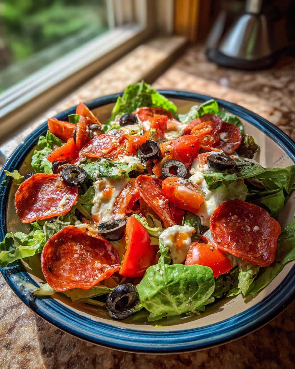 A vibrant Pizza Salad in a blue-rimmed bowl, featuring crisp lettuce, juicy tomatoes, sliced pepperoni, and black olives.