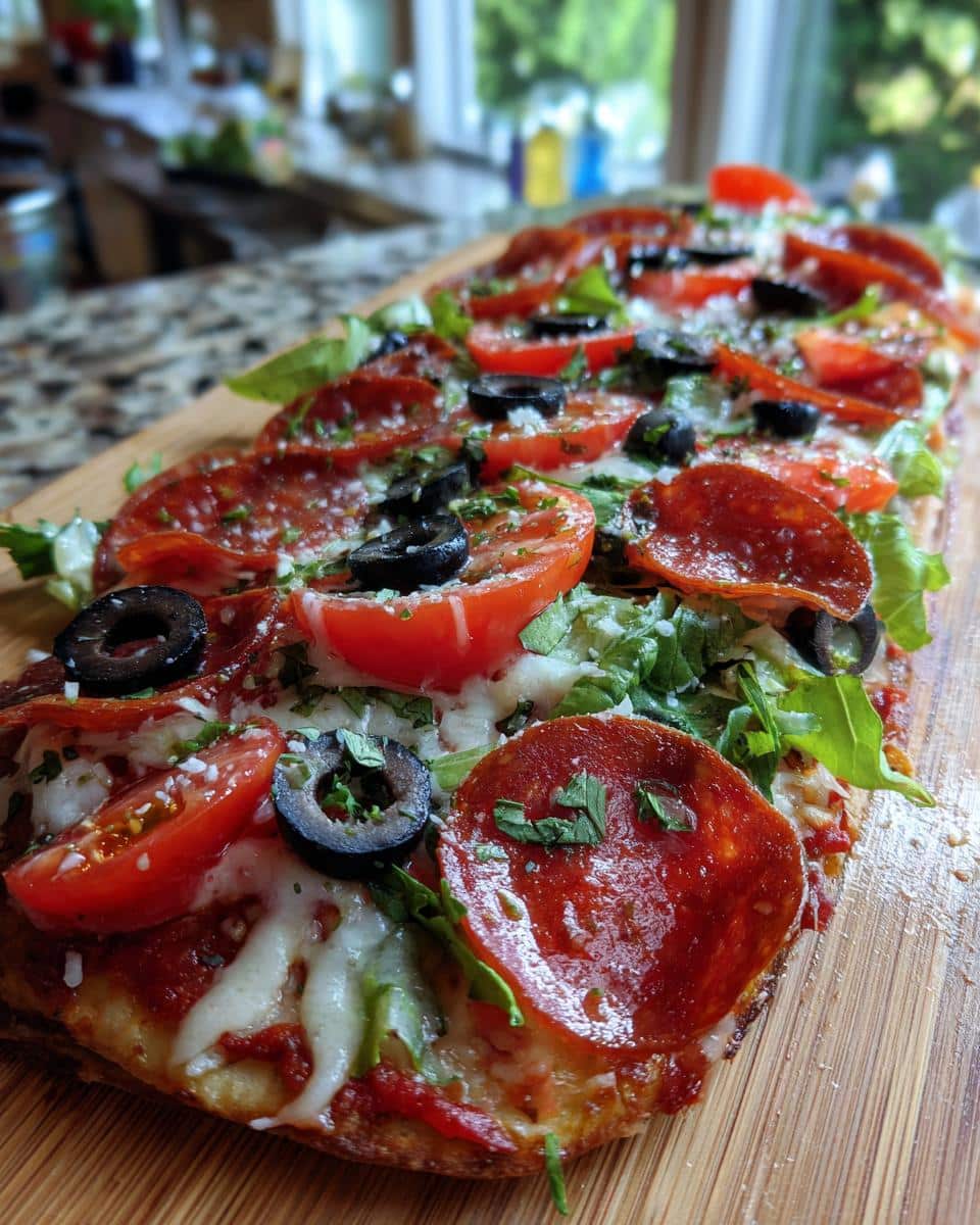 Close-up of a rectangular Pizza Salad topped with pepperoni, sliced tomatoes, black olives, and fresh greens.