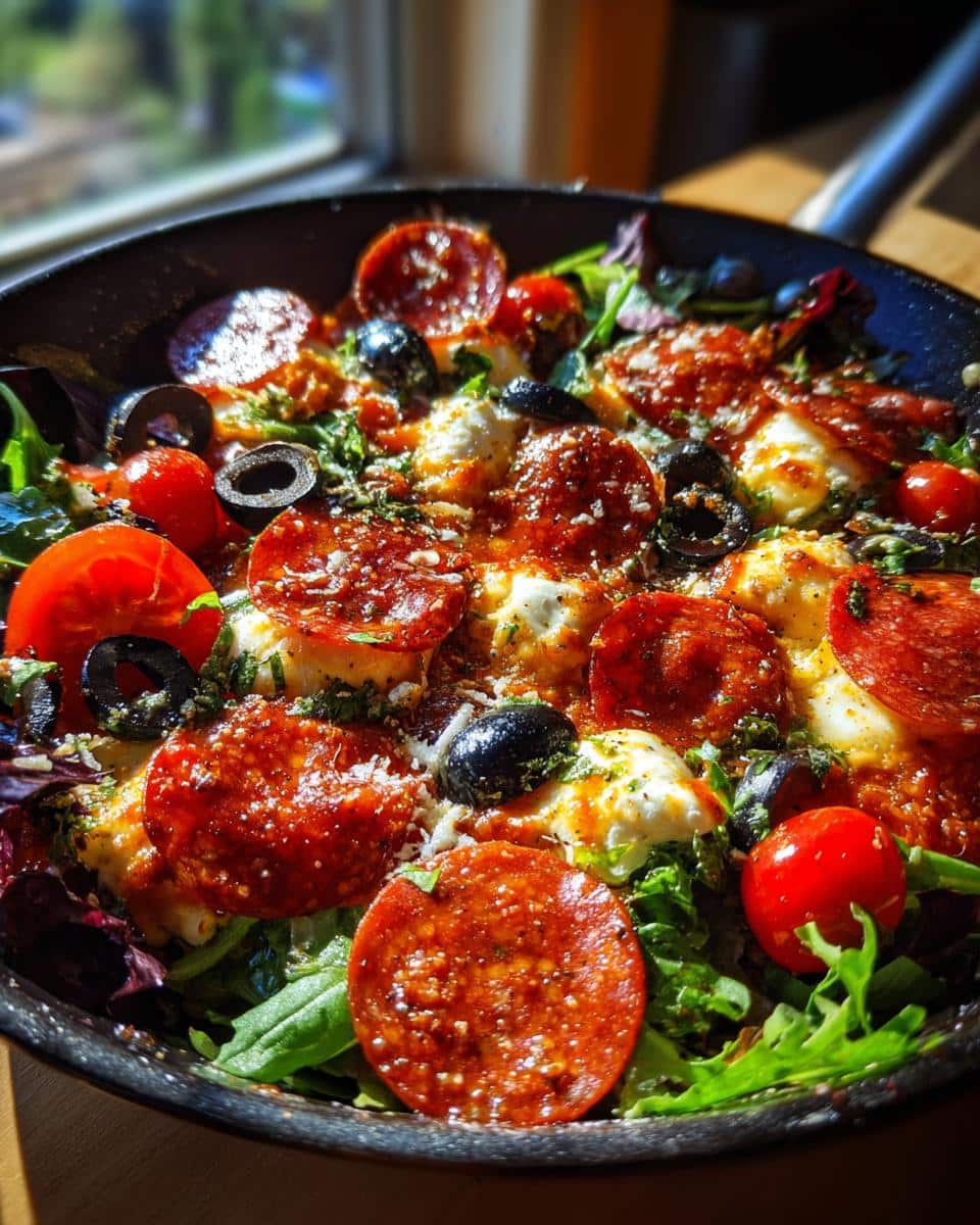Close-up of a skillet filled with a vibrant Pizza Salad featuring pepperoni, mozzarella, olives, and tomatoes.