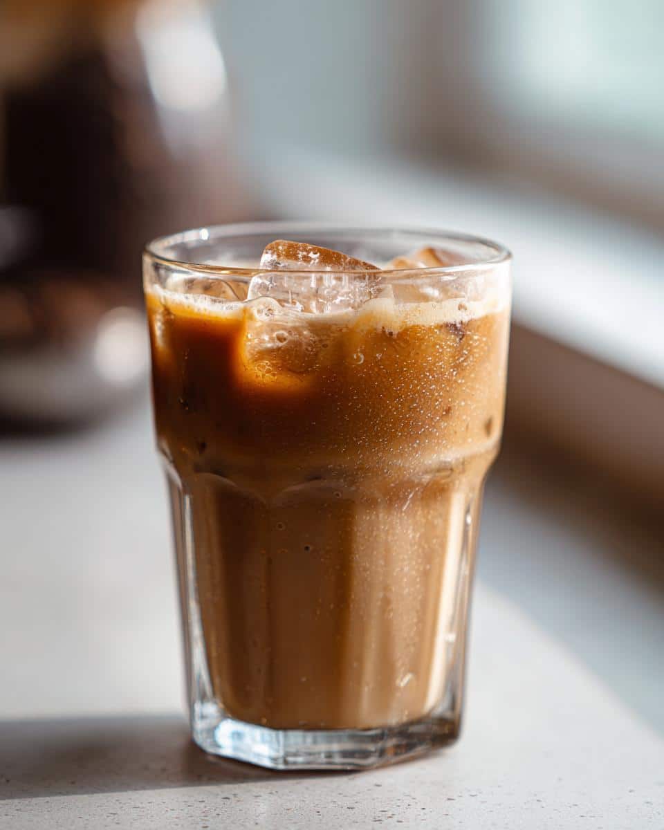 A tall glass filled with iced Proffee (Protein Coffee), showing frothy layers and ice cubes.