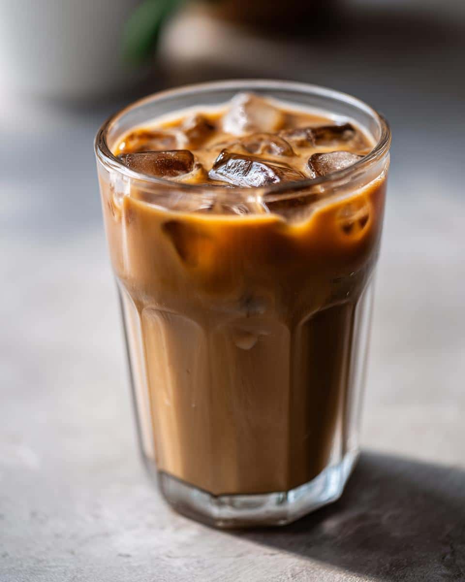A tall glass filled with iced Proffee (protein coffee), showing creamy swirls and ice cubes.