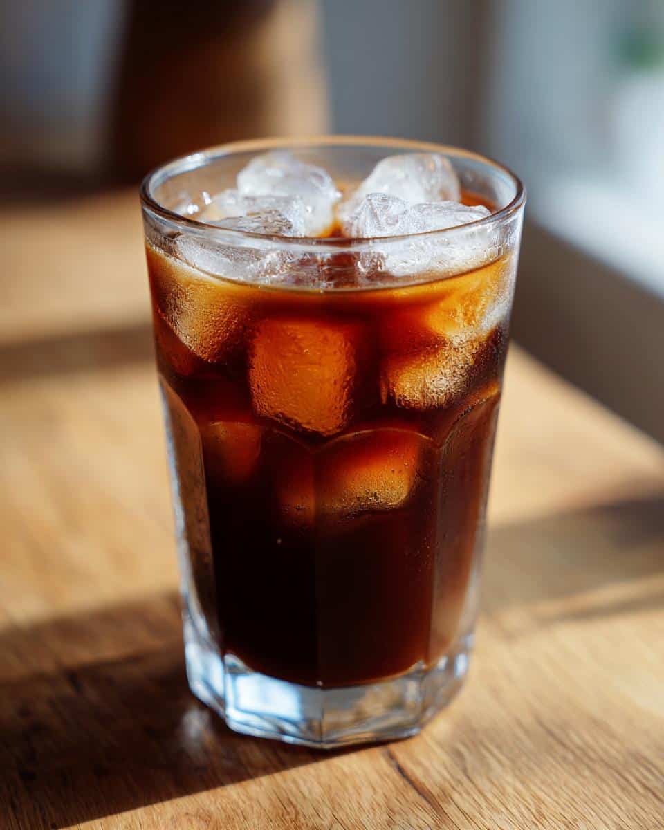 A tall glass filled with iced Proffee (protein coffee) and ice cubes, glistening in the sunlight.