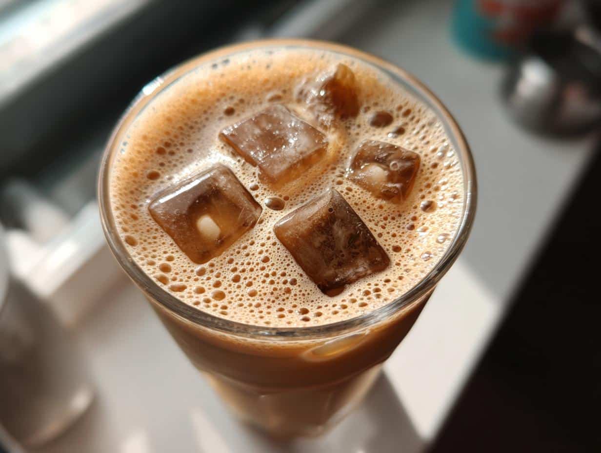 Close-up of a glass filled with iced Proffee, topped with foam and ice cubes.