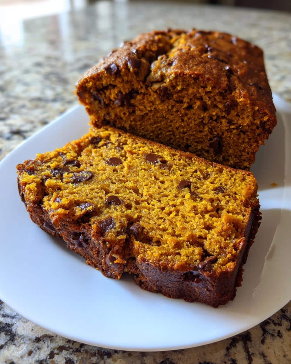 A slice of moist pumpkin bread recipe loaf with chocolate chips on a white plate.