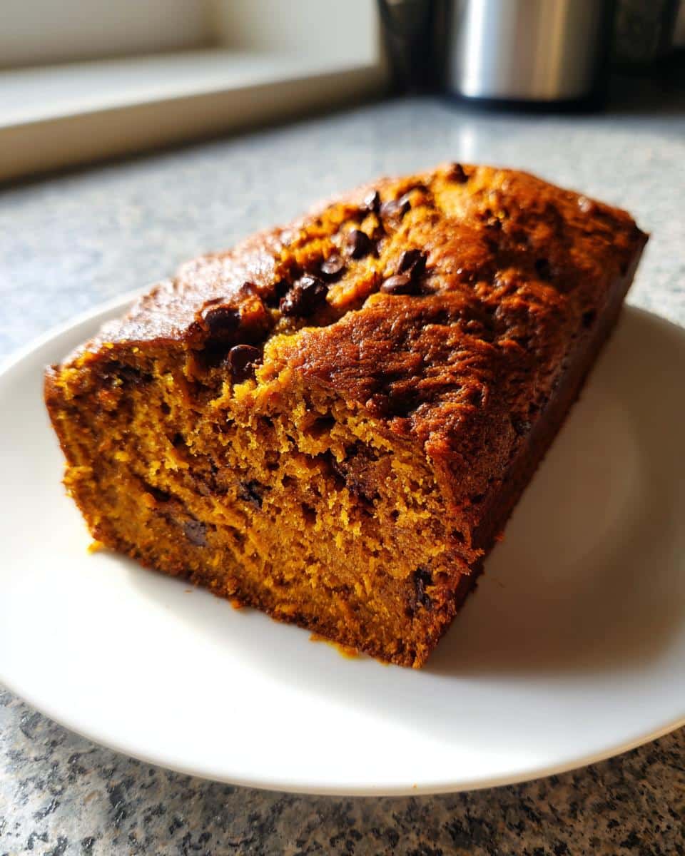 A slice of moist pumpkin bread recipe loaf with chocolate chips on a white plate.