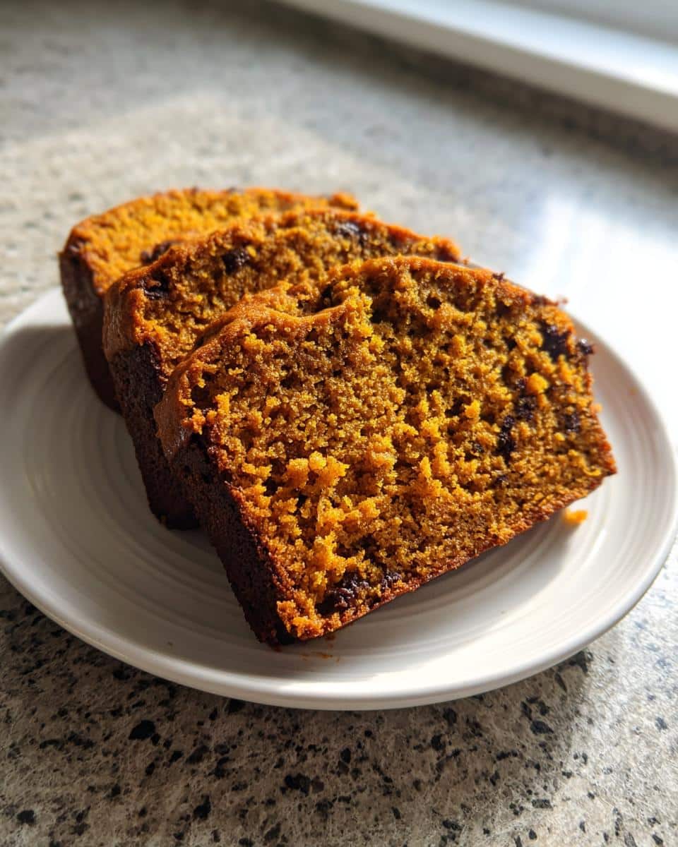 Three slices of moist pumpkin bread recipe on a white plate, showing the rich orange color and dark chocolate chips.