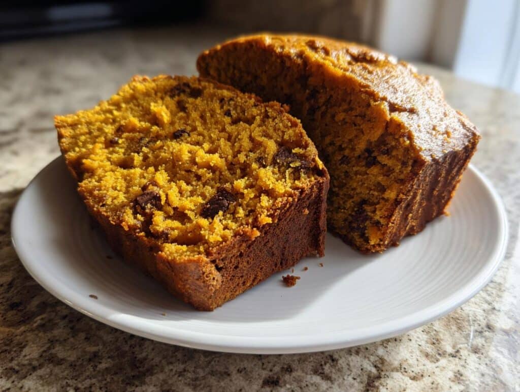 Two slices of moist pumpkin bread recipe with chocolate chips on a white plate.