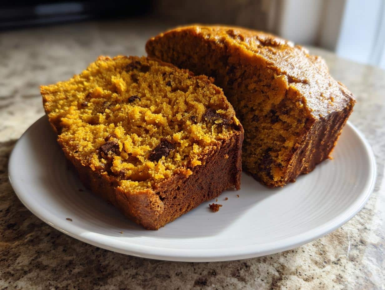 Two slices of moist pumpkin bread recipe with chocolate chips on a white plate.