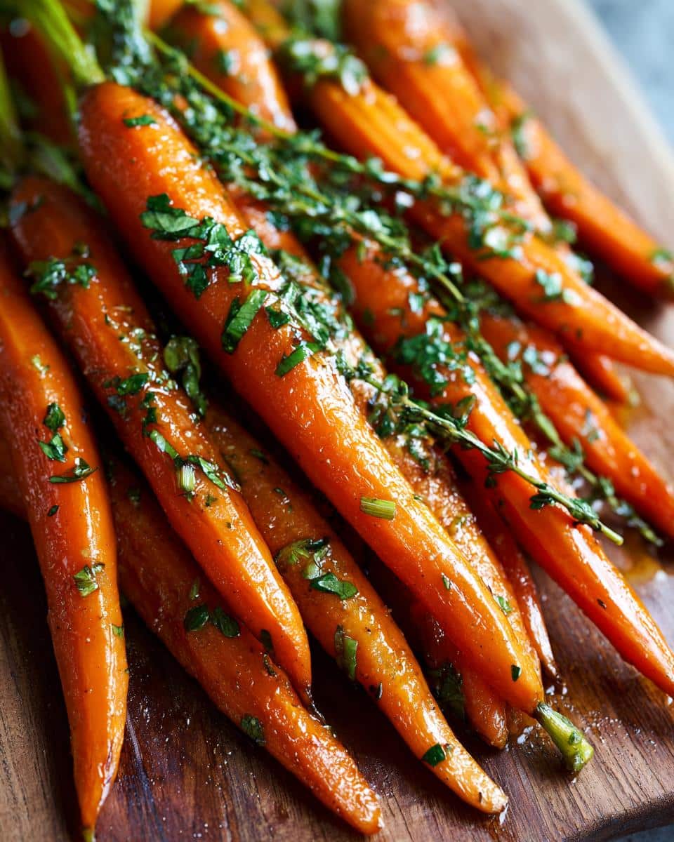 Close-up of a bunch of fresh, glistening raw carrots topped with chopped herbs and thyme.