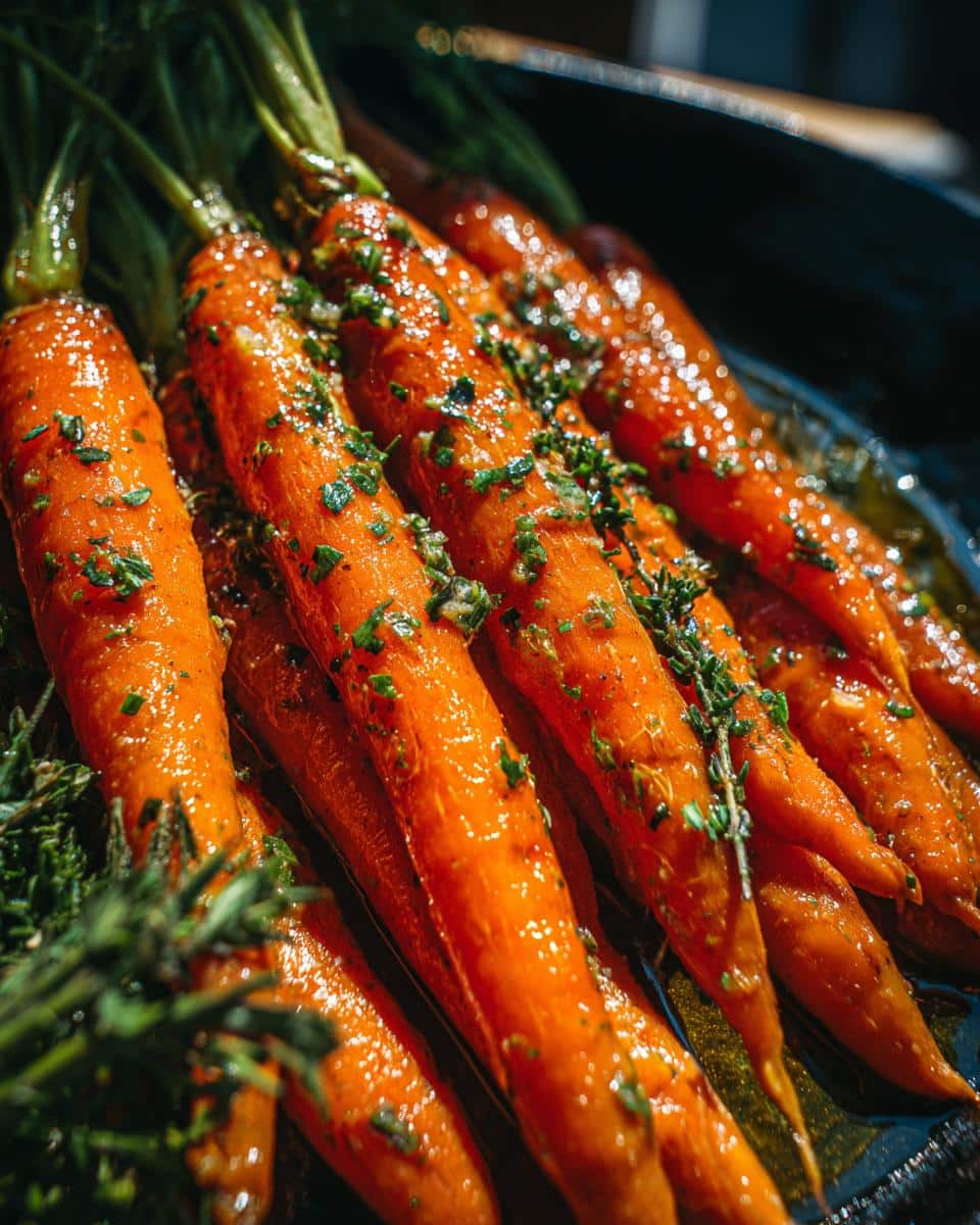 Close-up of vibrant orange raw carrots, glistening with dressing and sprinkled with fresh herbs, ready for a hormone trend salad.