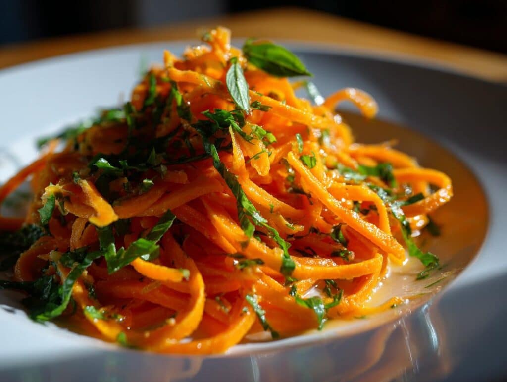 A close-up of a bright orange Raw Carrot Salad tossed with fresh green herbs, served on a white plate.