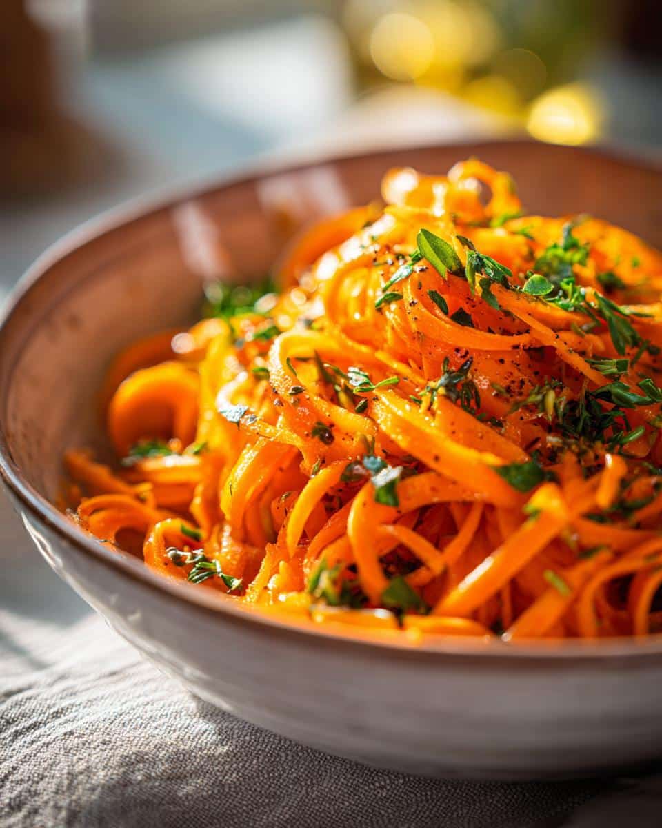 Close-up of a bowl of Raw Carrot Salad, featuring spiralized carrots seasoned with herbs and black pepper.
