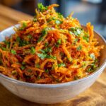 A close-up of a bowl filled with vibrant orange shredded Raw Carrot Salad, garnished with fresh green herbs.