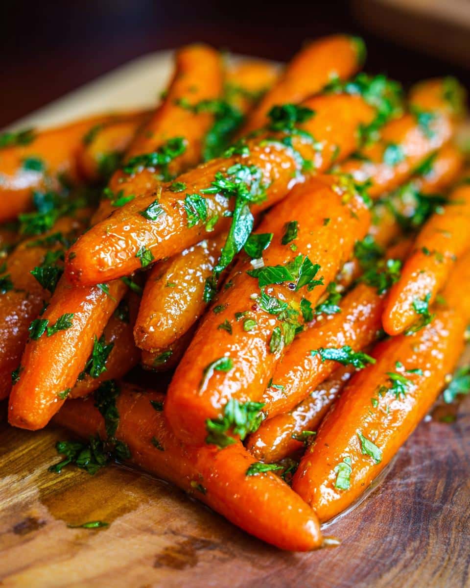 Close-up of a pile of vibrant orange raw carrots, tossed with fresh chopped parsley and a light dressing.