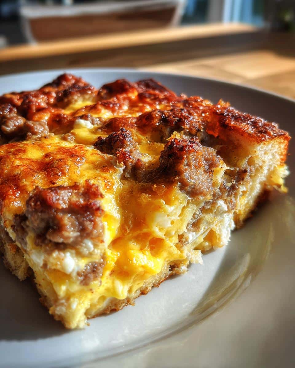 A slice of a hearty sausage and egg casserole, perfect for make ahead casserole recipes.