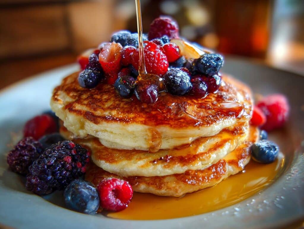 A stack of golden Scrambled Pancakes topped with fresh berries and drizzled with syrup.
