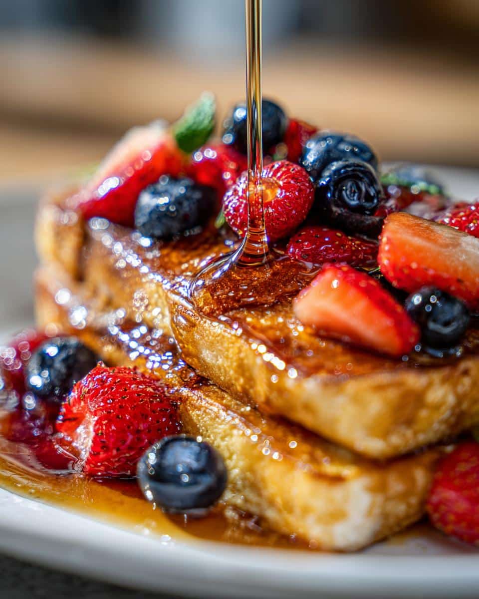 Close-up of delicious Scrambled Pancakes topped with fresh strawberries, blueberries, and a drizzle of syrup.