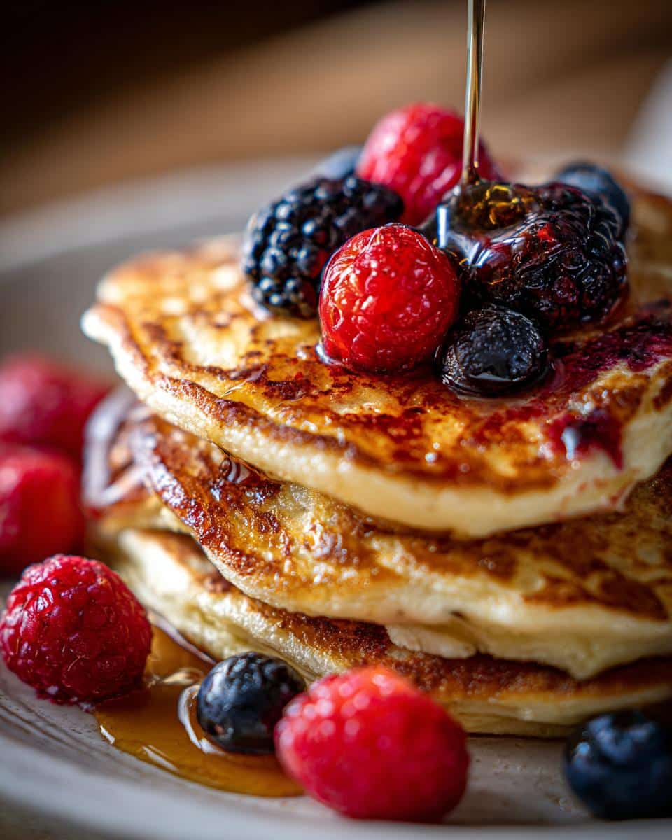 A stack of golden Scrambled Pancakes topped with fresh raspberries, blueberries, and blackberries, with syrup being drizzled over them.